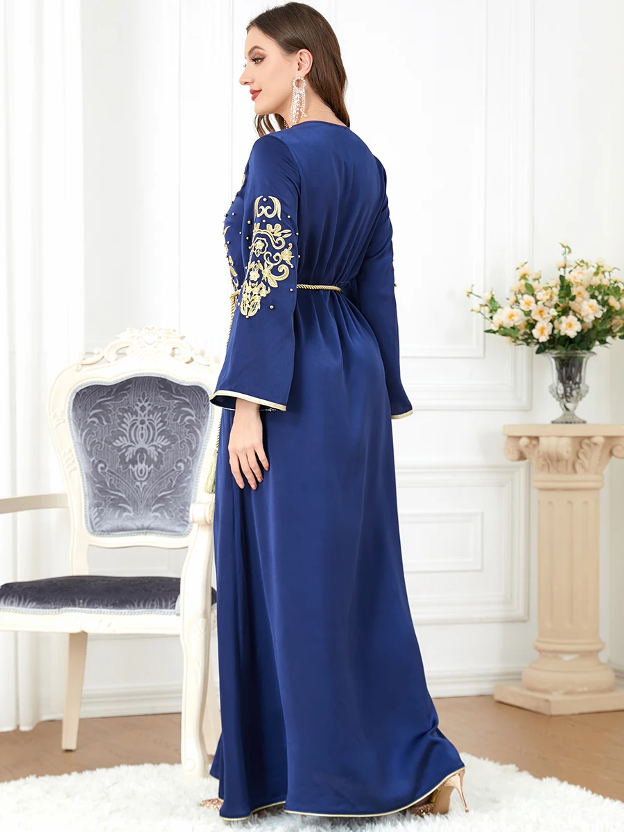 Elegant Casual Floral Embroidery Beaded Long Sleeve Muslim Dresses Party Belted Kaftan Modest Clothing Women Ramadan