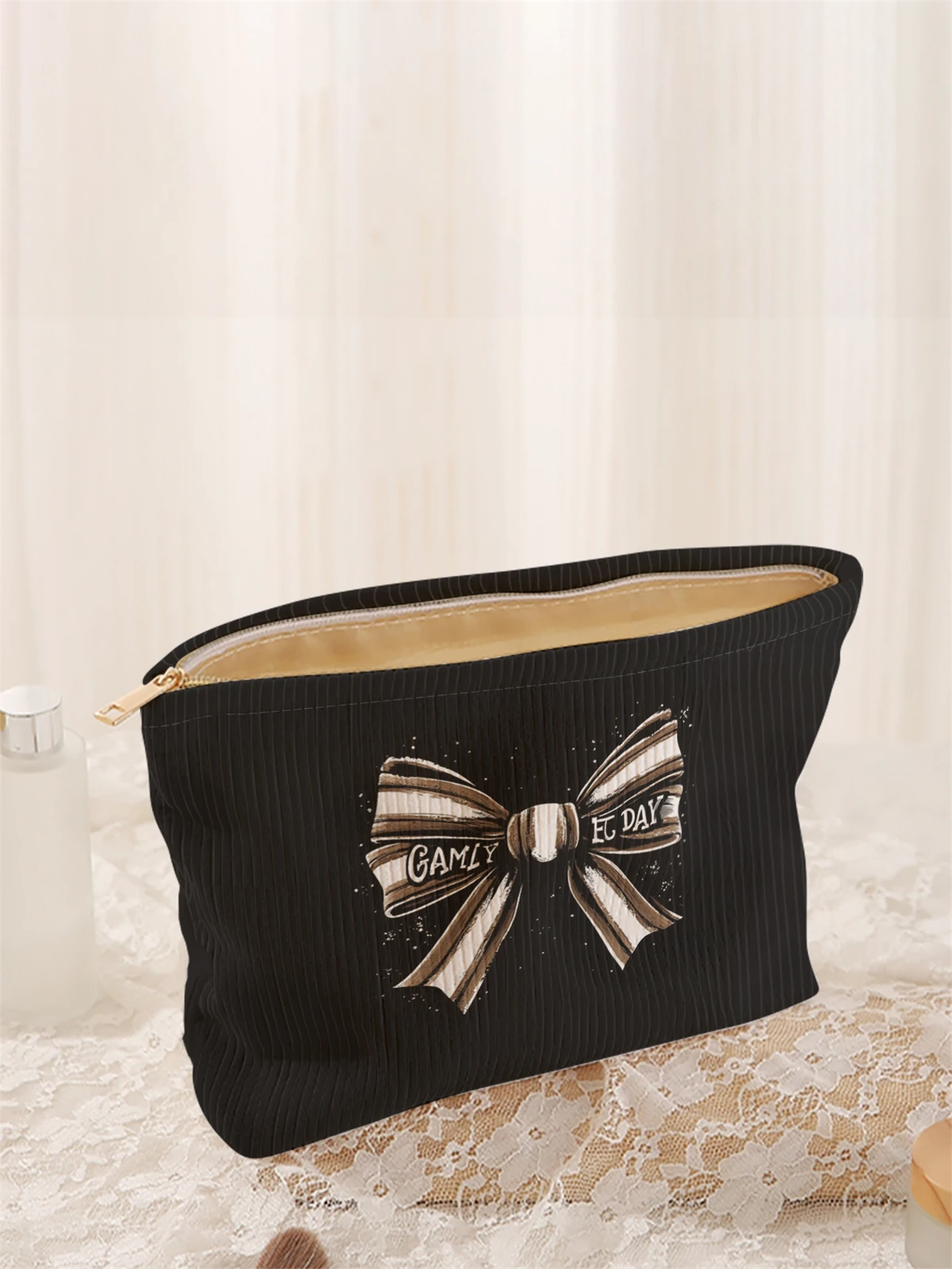 1 butterfly knot patterned corduroy makeup bag, lightweight zipper makeup storage box, multifunctional bag with lining