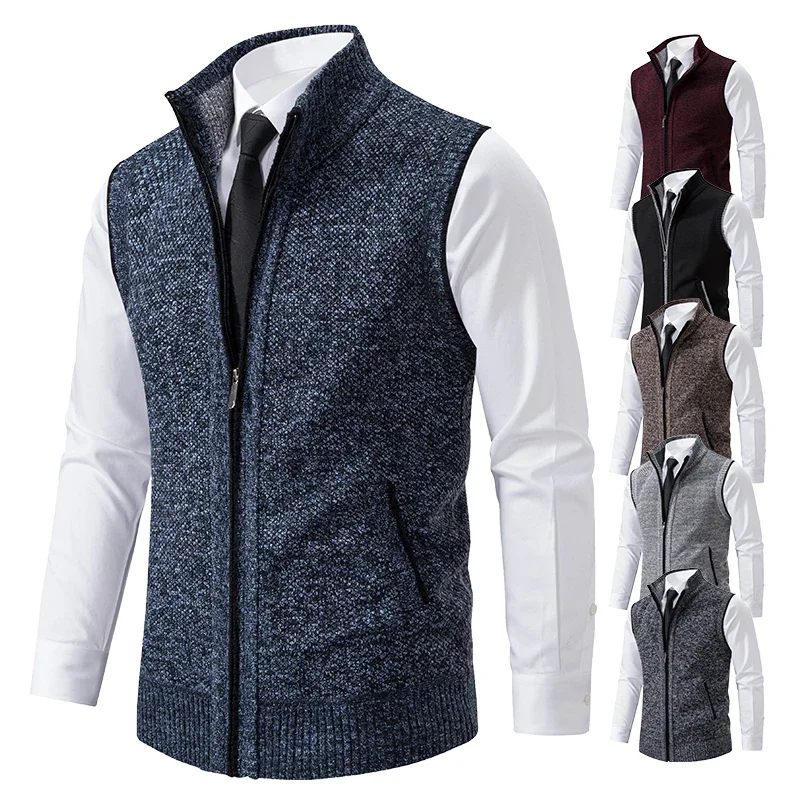 Men Sweater Vests Mens Knitted Vest Vest Men Knitted Sleeveless Sweater Jacket Wool Velvet Zipper Cardigan Turn-down Pullovers Turtleneck Sweatercoat Knit Waistcoat
