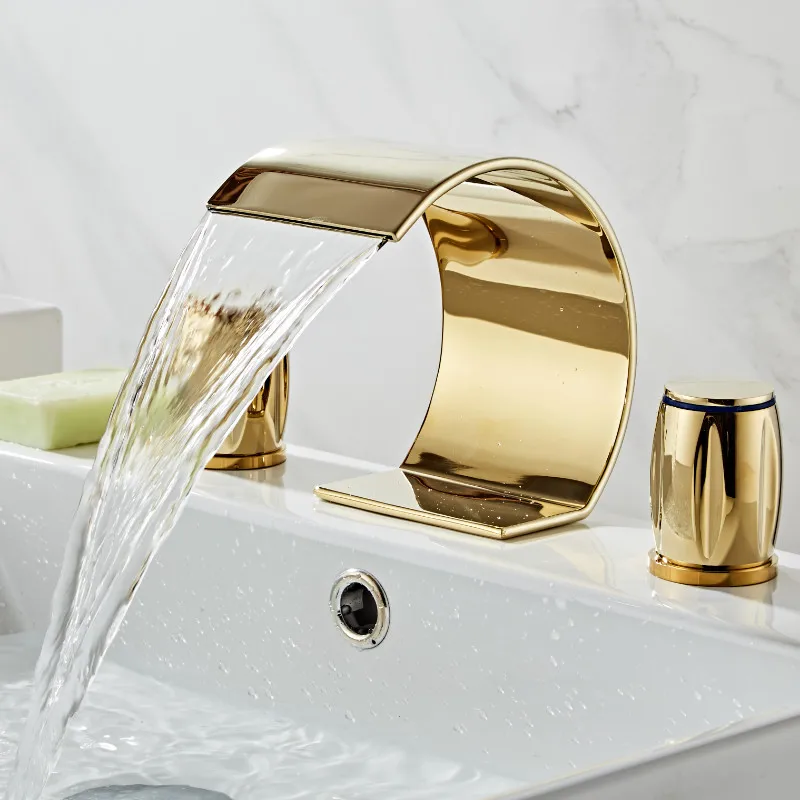 

Basin Faucets Total Brass Gold Deck Mounted Bathroom Sink Faucets 3 Hole Double Handle Hot And Cold Waterfall Faucet Water Tap