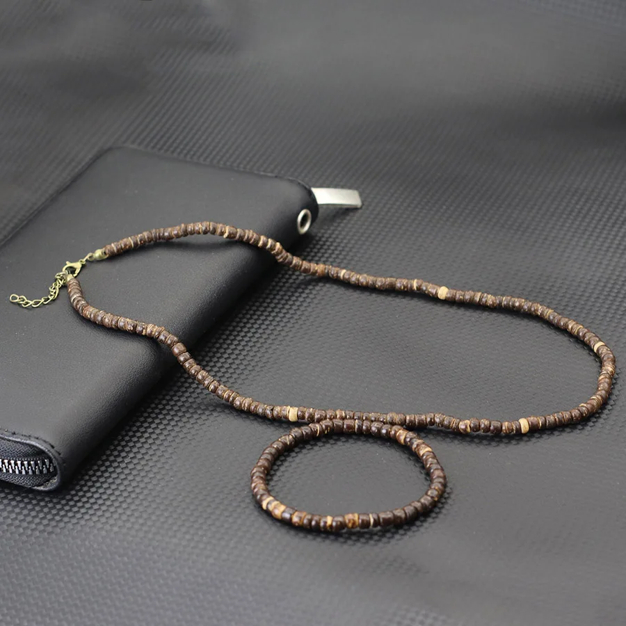 Neues 5-teiliges Herren-Schmuckset, handgefertigt, natürliche Kokosnussschalen-Perlen, Halskette, Armband, cooles Reiten, Motorrad-Zubehör, Pulseria – Detail 9
