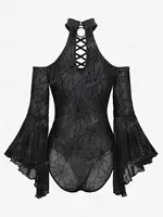ROSEGAL Gothic Women Sexy Bodysuit Black Flare Sleeves Cold Shoulder Mesh Flocking Spider Web Lace Up O-Ring Lingerie Jumpsuit - Image 2
