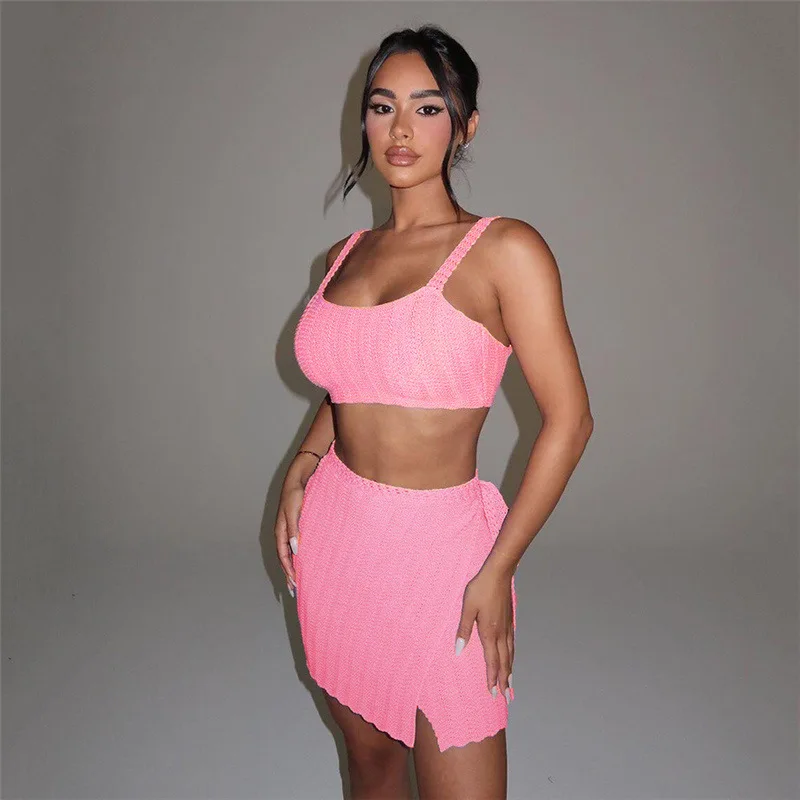 

Zabrina Sexy Knitted Pink Sets Women 2 Piece Outfits Lace Up Backless Tank Tops And Bodycon Mini Skirt Ladies Y2K Clothes Suits