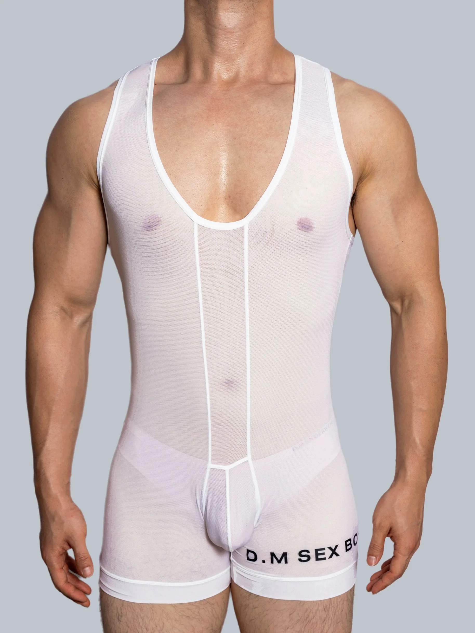 men jumpsuit thin ice silk breathable Shapewear mesh boxer pants trendy personality transparent suspenders summer
