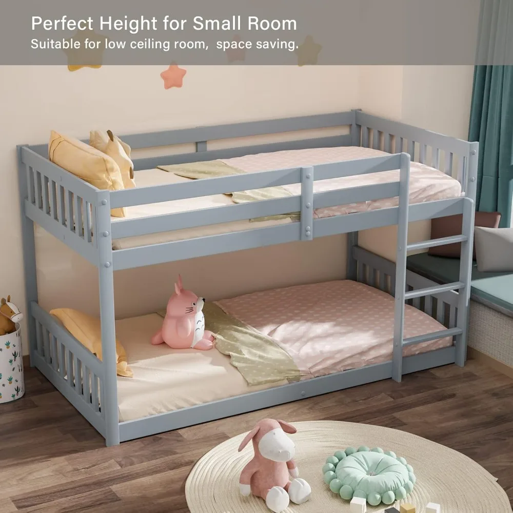 Children Beds, Twin Over Twin Bunk Bed for Kids Children Teens, Solid Wood Bunk Bed Frame with Ladder and Guard Rail Space 5