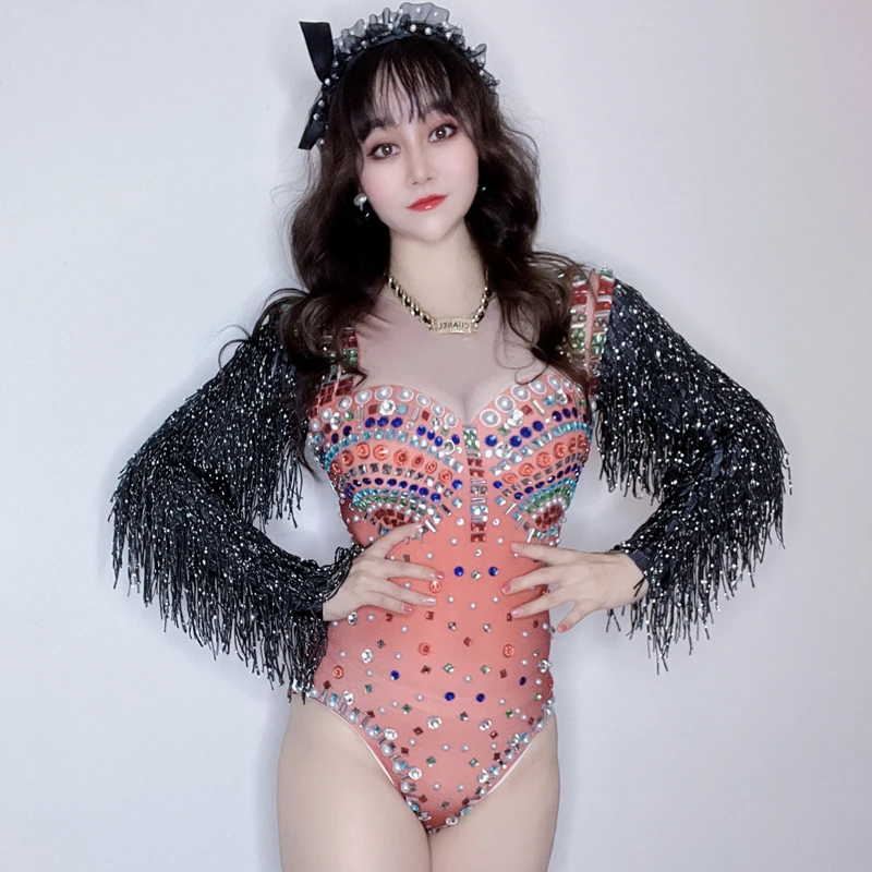 

Colorful Rhinestones Tassels Sleeves Bodysuit Women Pole Dance Clothes Nightclub Ds Dj Gogo Dancer Costumes Rave Outfit XS5535