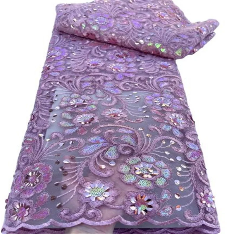 

Purple 2023 Fashion Sequence African Lace Fabric 5 Yards High Quality Laser Sequins Mesh Laces Nigerian Wedding Luxury Fabrics