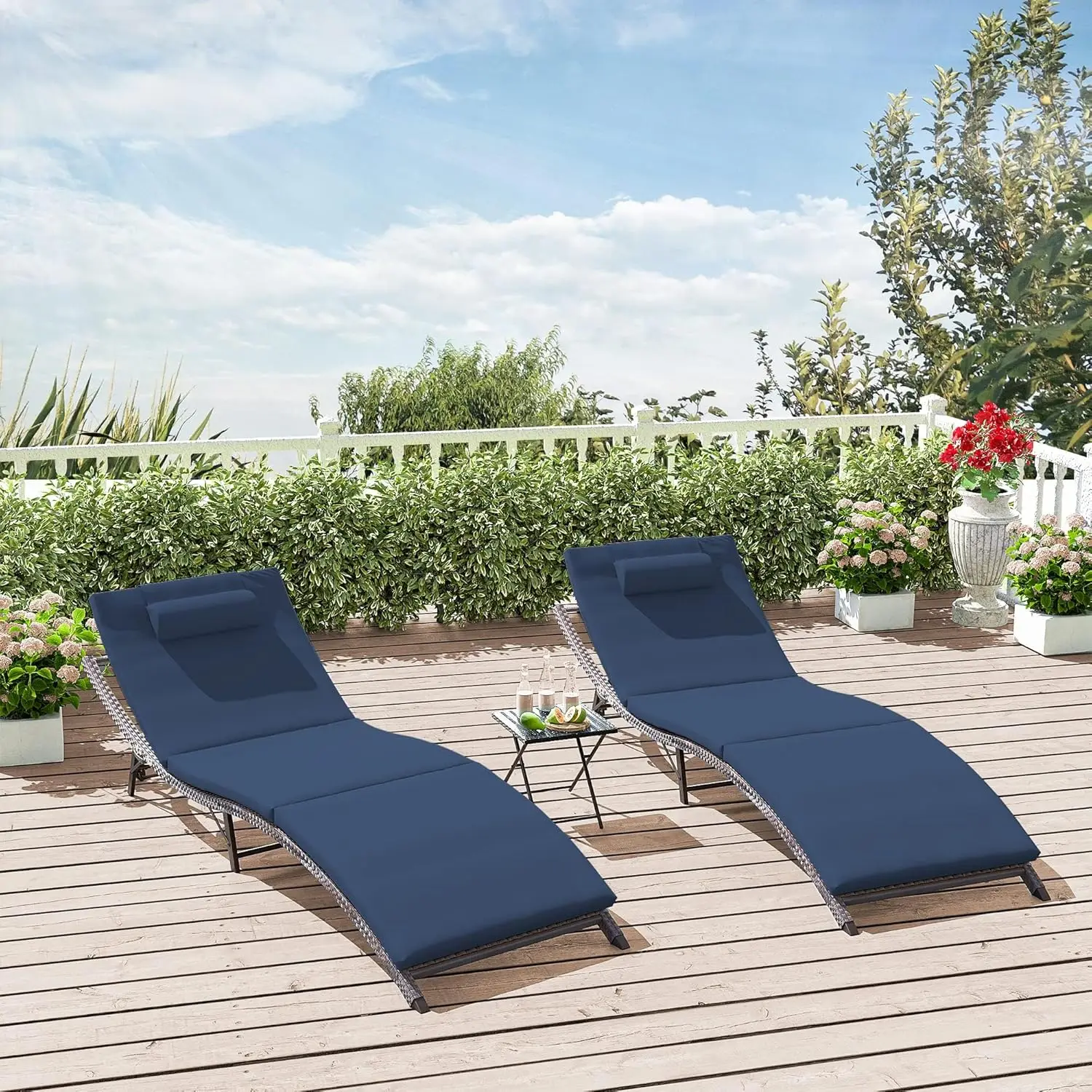 Chaise Lounge Outdoor Set of 3, Pool Lounge Chairs with Adjustable Backrest & Folding Table, Wicker Outside Furniture