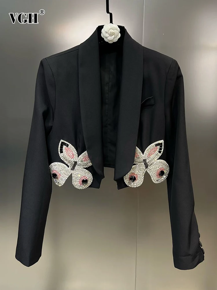 

VGH Solid Patchwork Diamonds Elegant Blazer For Women Shawl Collar Long Sleeve Spliced Button Temperament Blazers Female Clothes