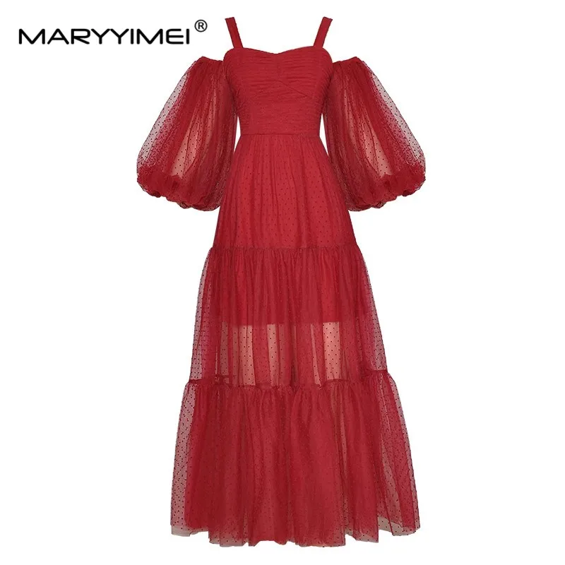

Модное летнее платье MARYYIMEI, женское красное платье в горошек, Сетчатое сексуальное Клубное платье на бретелях-спагетти, женское платье