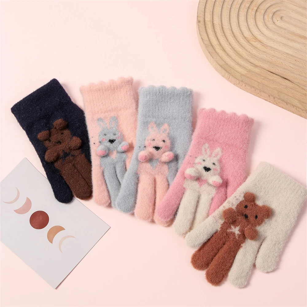

Balleenshiny New Cute Rabbit Baby Gloves Soft Plush Fur Cartoon Bear Kids Mittens Winter Warm Boys Girls Knitted Stretch Gloves