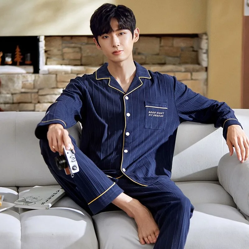 Cotton Men's Pajamas Spring Autumn Simple Cardigan Nightgowns Long Sleeves Sleepwear Suit Thin Loose Teenagers Home Clothes Set