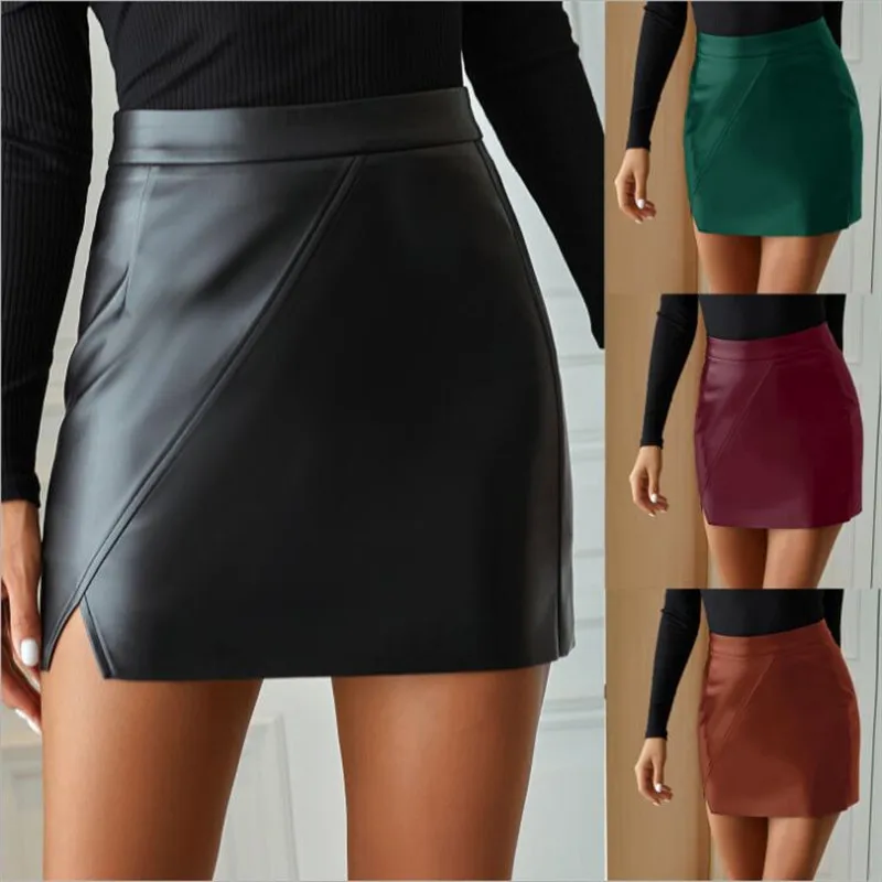 Women's Casual Black Women Asymmetric Leather Skirt Belt Sexy Slim Mini Skirt Female High Street Skirt Ladies Spring and Summer