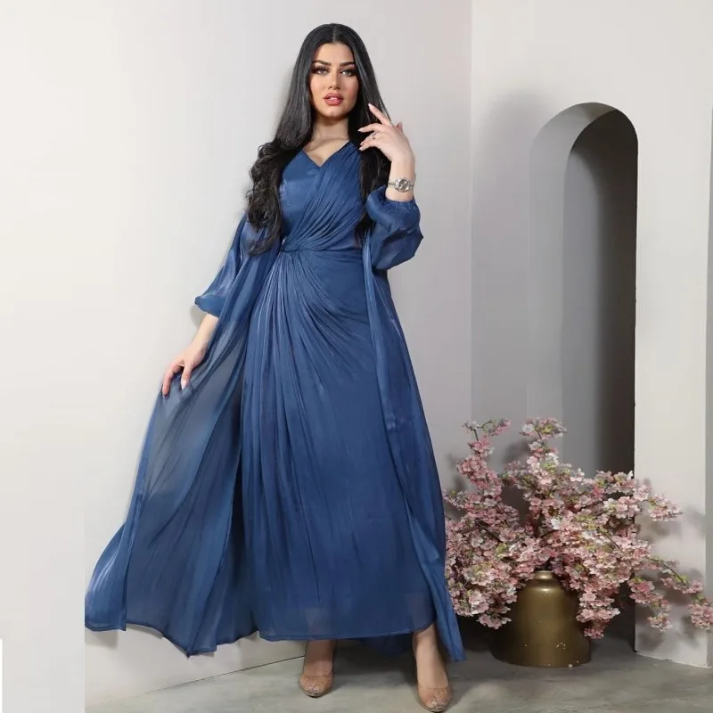 Modest Bright Silk Dress Robe Fashion Abaya Soft Two-Piece Set muslim sets  moroccan caftan for women  long dresses