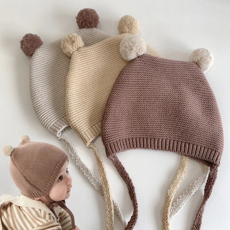 Cute Bear Crochet Baby Hat Soft Pompom Infant Girls Boys Cap