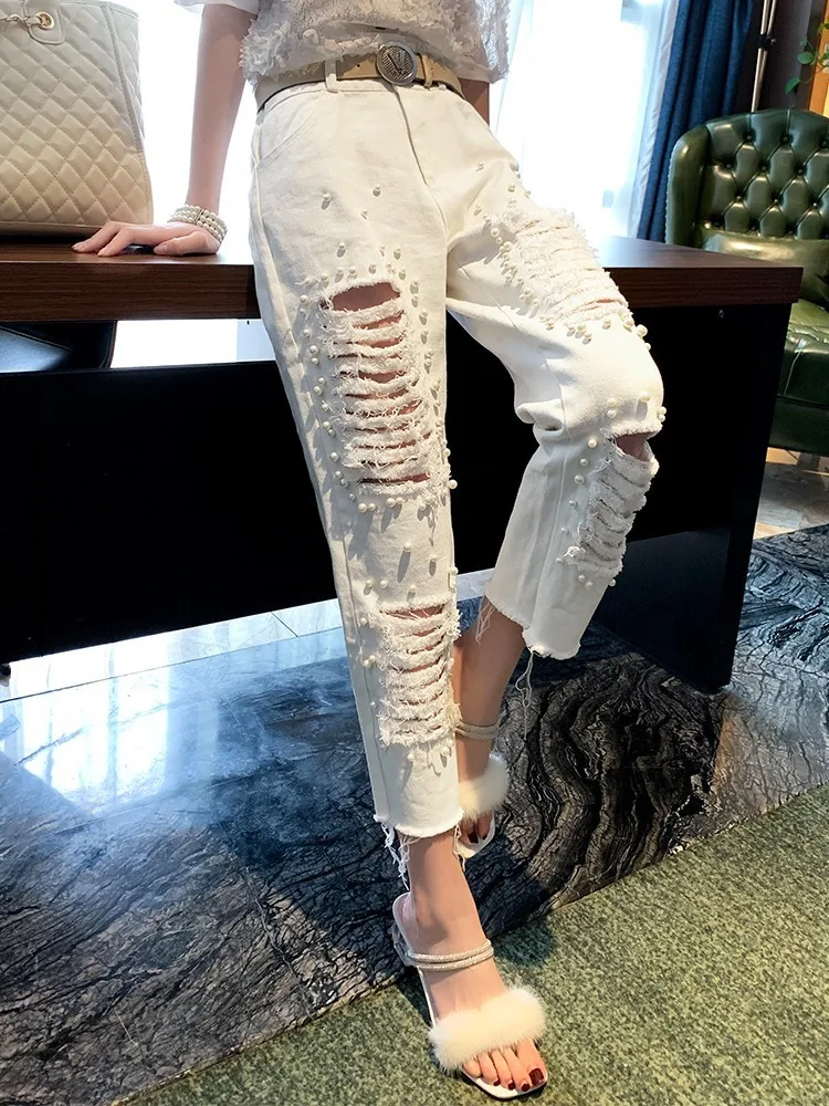 

New Casual Hole Ripped Jeans Women Sexy High Waist Stretch Skinny Denim Pants Retro Pencil Pants Tassel Trousers Pockets Female