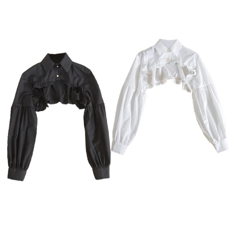 

Fake False Collar Detachable Lapel Dickey Blouse Puff Long Sleeve Cutout Cropped Button Up Half Shirts for Women N7YD