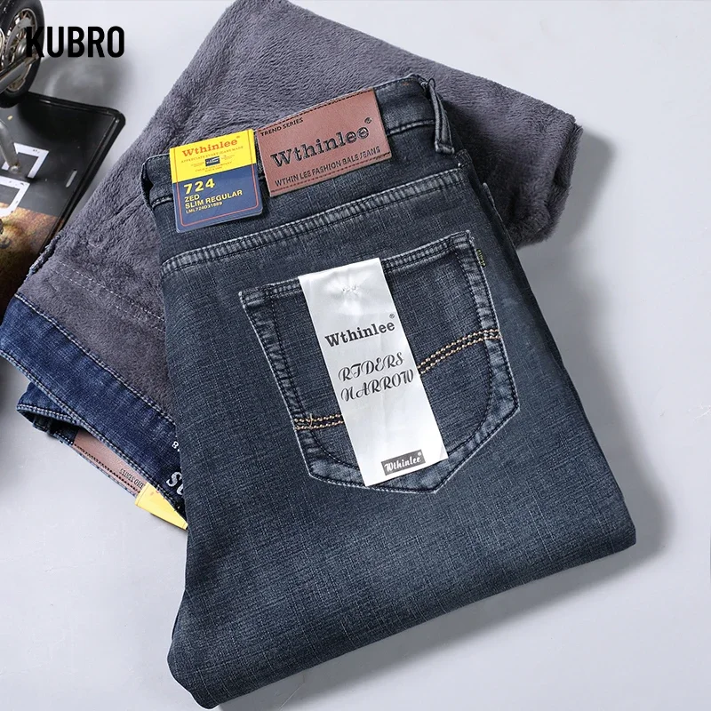 Men Jeans Winter Thermal Flannel Stretch Jeans Mens Winter Fleece Pants Straight Flocking Trousers Denim Jean men jeans