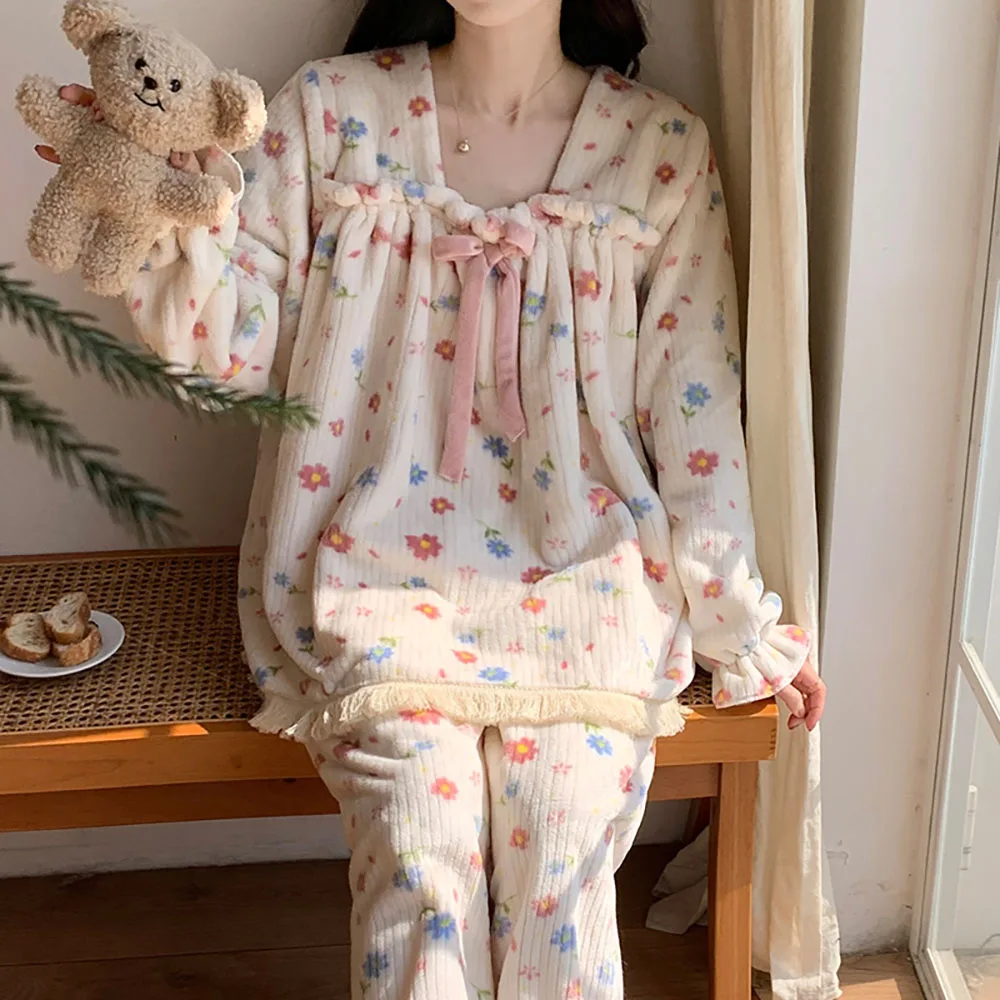 Square Collar Floral Long Sleeved Pullover Top+Loose Pants 2Pcs Women's Sleepwear Sets Winter New Flannel Girls Home Nightgown