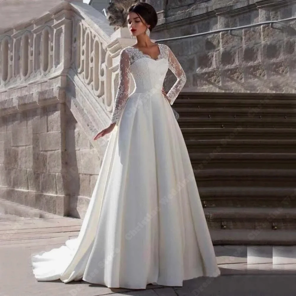 

Boho Lace Long Sleeves Wedding Dress A-Line Applique Smooth Satin Surface Bridal Gowns V-Neck Plus Size Women Vestidos De Noche
