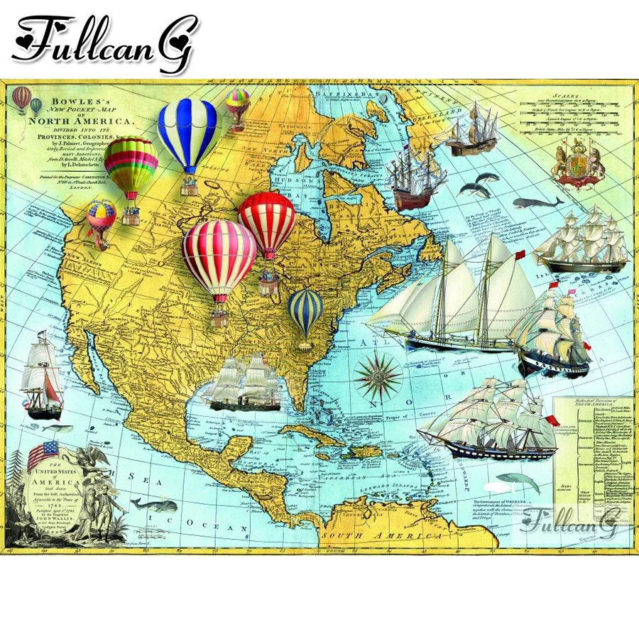 FULLCANG Hot air balloon sailing boat diamond painting North America diy cross stitch kits Navigation map home decor gift FG1392