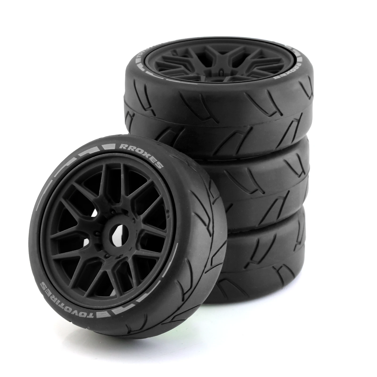 Pneus RC 1/8 Rallye Drift montés sur jantes, prêts pour la course tout terrain.