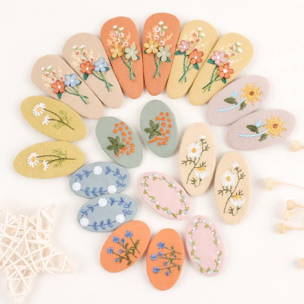 Korea Retro Hair Clips Floral Fabric Oval BB Barrettes Embroidery Flower Hairpin 2Pcs/lot Kids Hair Accessories