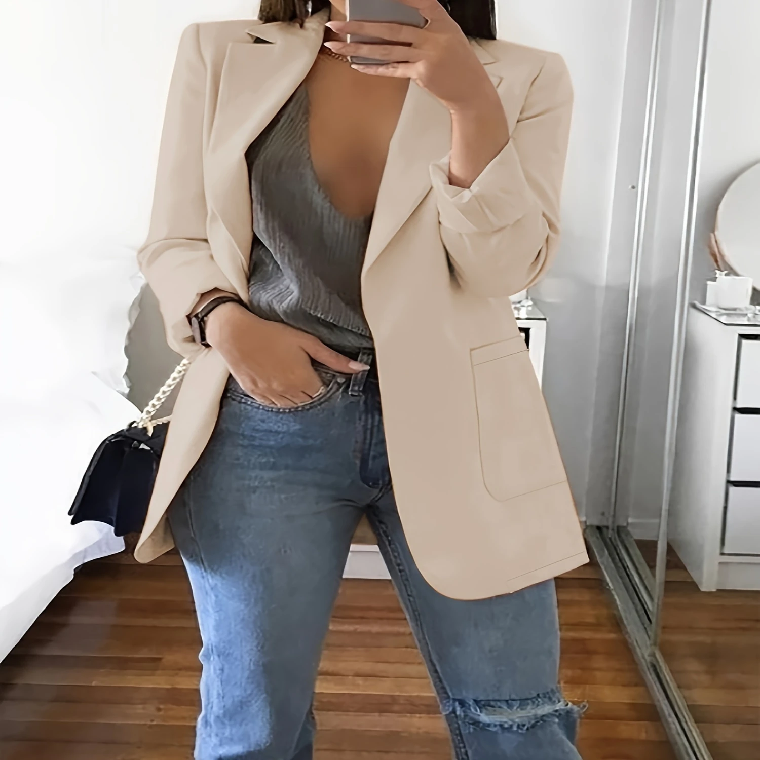 Solid Open Front Blazer, Elegant Lapel Long Sleeve Blazer For Office & Work, Women's Clothing