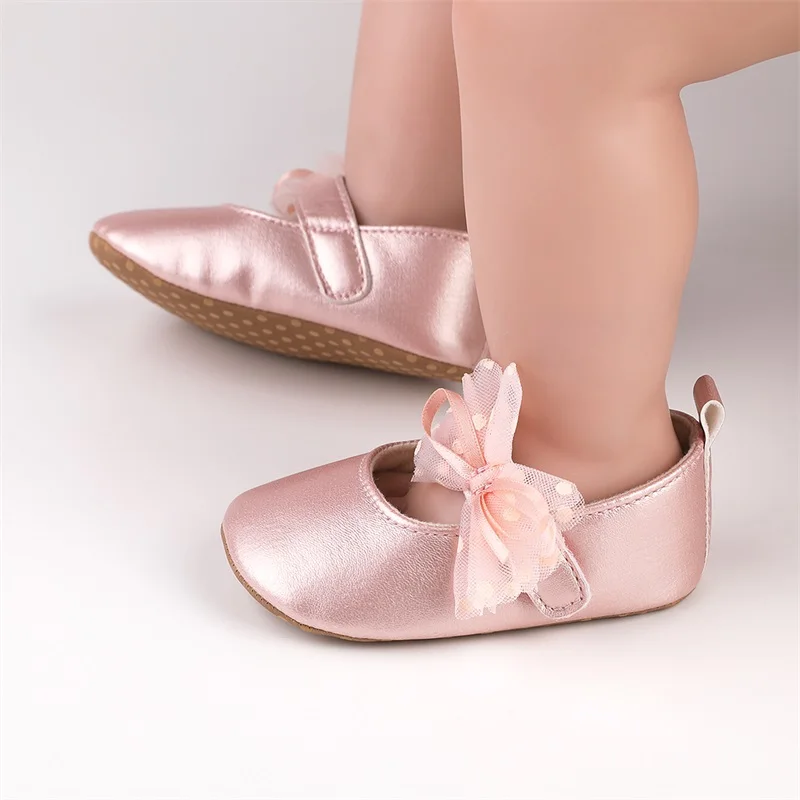 BeQeuewll Infant Baby Girls Princess Shoes Shine Surface Dot Print Mesh Bowknot Flats Non-Slip Adorable Baby Shoes 6