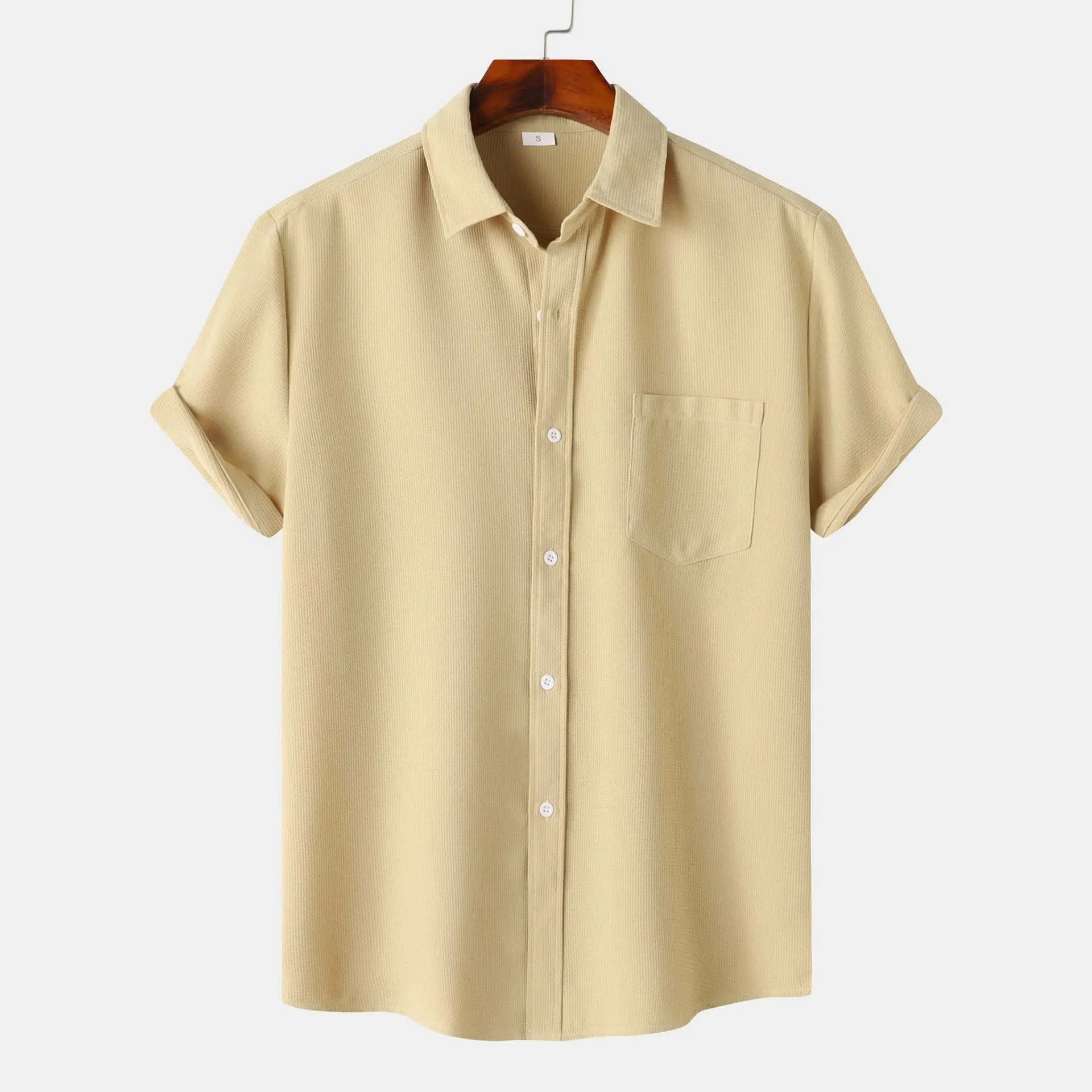

Мужская Однотонная рубашка цвета хаки с короткими рукавами, летняя дышащая деловая рубашка, Мужская классическая пляжная одежда для отдыха, мужская рубашка