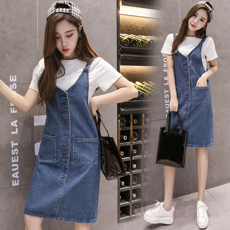 

2023 Spring Summer Women Knee Length Jeans Dress Y2k Fashion Sleeveless Denim Overall Dresses Woman Suspender Dress Big Size 5XL