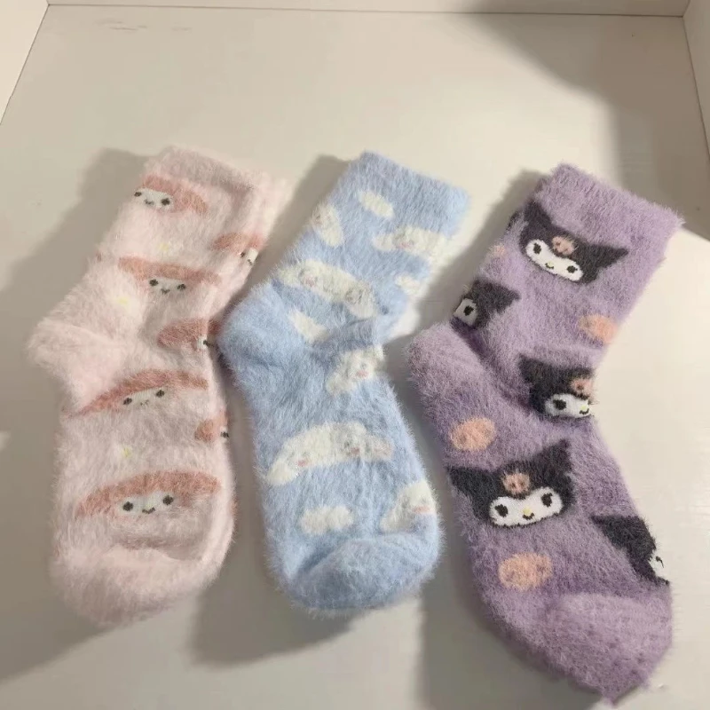 

NEW Kawaii Anime Sanrio Kuromi Mymelody Cinnamoroll Plush Socks Cute Floor Socks Sleeping Stockings Keep Warm Christmas Gift