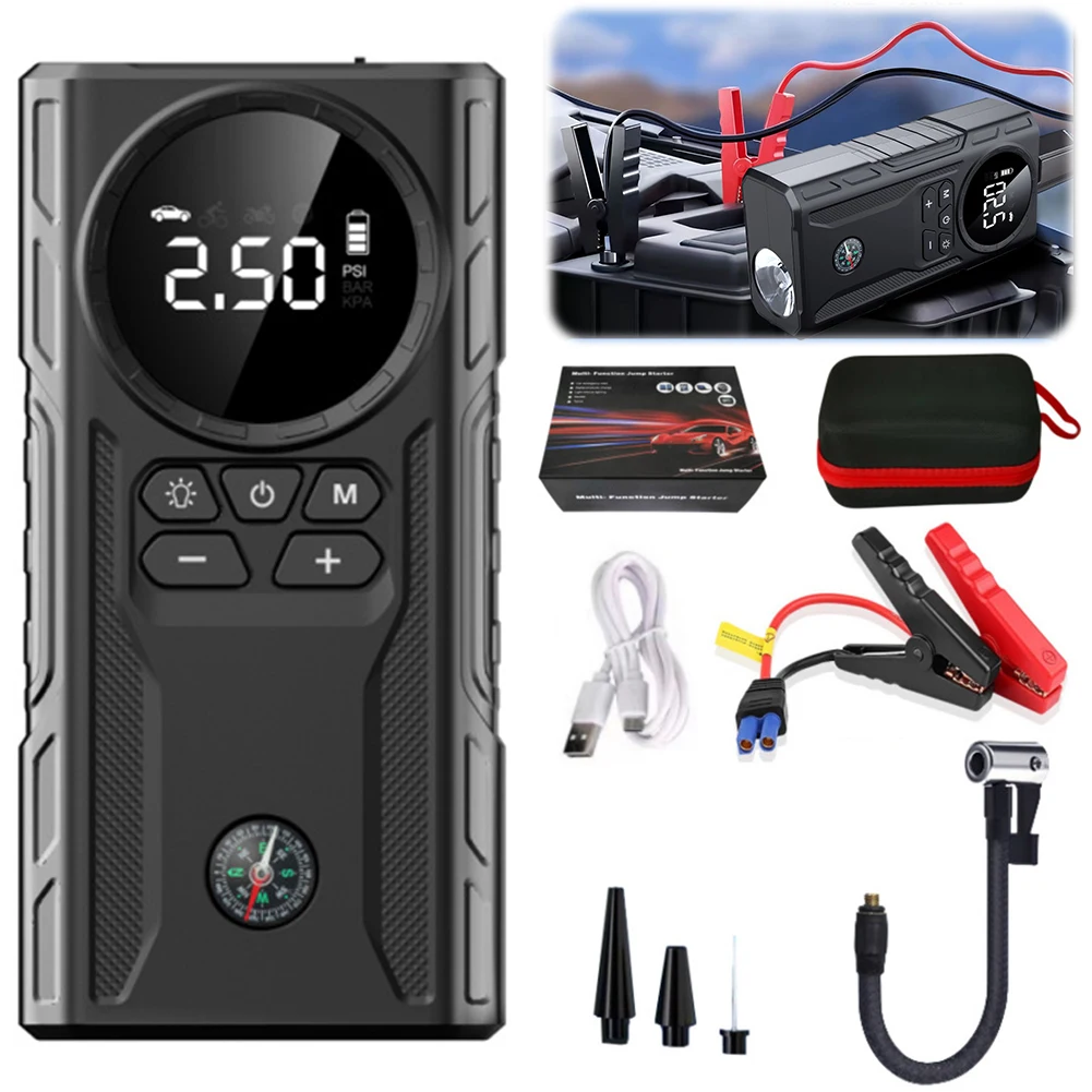 Car Wireless Air Pump with Light 39800mAh Jump Starter Bicycle Air Compressor USB Rechargeable Car Tire Inflator for Tires