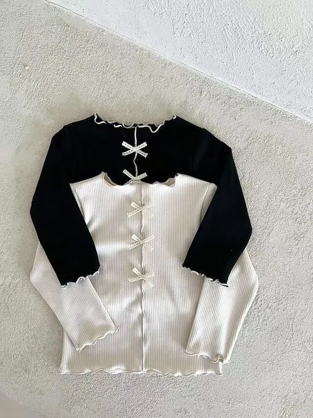 2025 Autumn New Baby Long Sleeve T Shirts Solid Girls Cute Bow Cotton Bottoming Shirts Infant Ribbed Tops Children Clothes 5