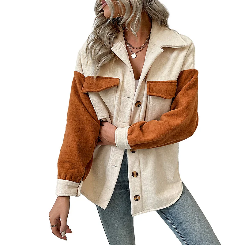 Women's 2023 Autumn and Winter Stitching Woolen Retro Polar Fleece Lapel Thick Coat шерстяное пальто