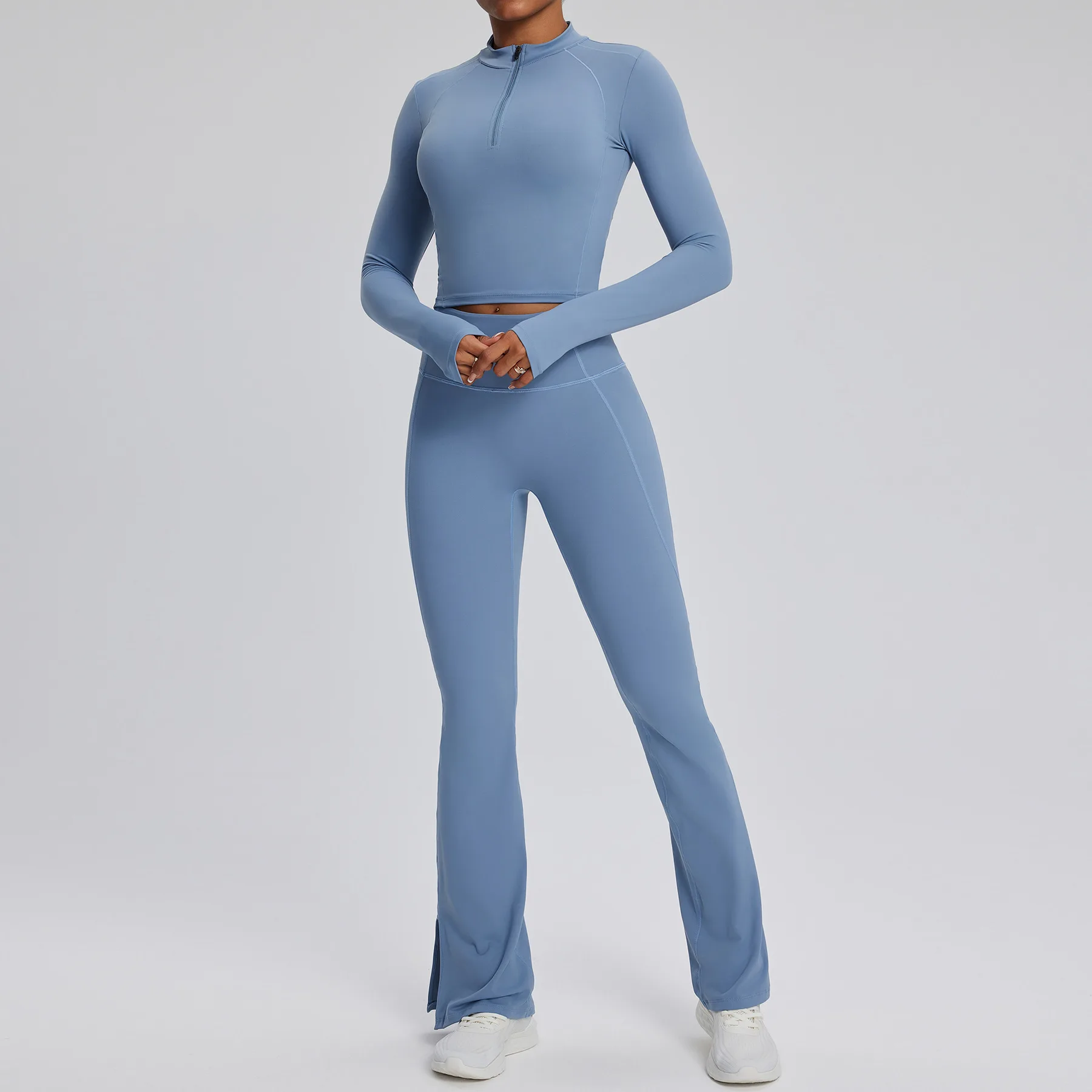 Women's Yoga Suit Tight Fitting Sports Set Workout Breathable Fitness Bra Gym Long Sleeve Crop Top Bell-bottoms Leggings 2pcs sports bra set,gym workout set,yoga pants set,yoga set,fitness set,sportswear set,sports set