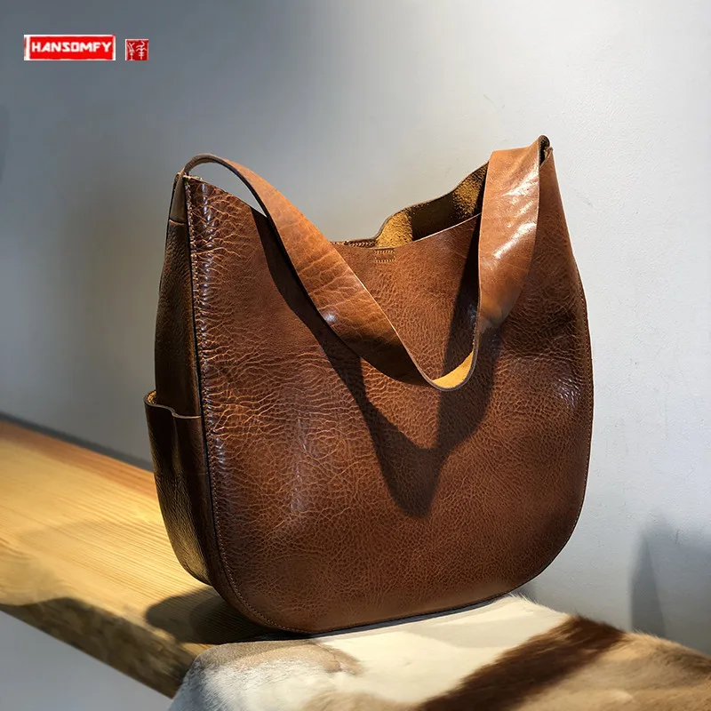 

Женская кожаная сумка в стиле ретро, простая Толстая сумочка из натуральной кожи, саквояж на плечо, вместительный тоут