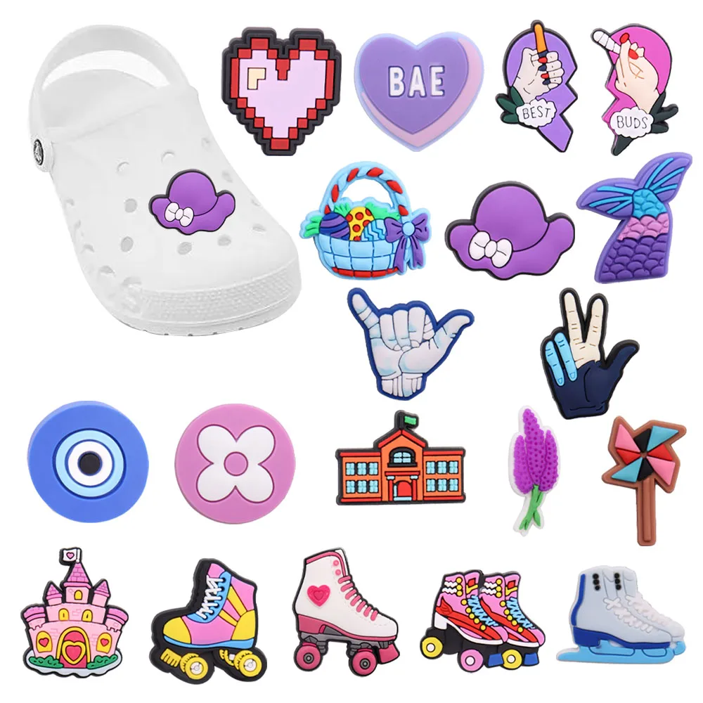 

Hot Sale 1pcs Shoe Charms Heart Purple Hat Roller Skates PVC Garden Shoe Buckles Decoration Fit Croc Jibz Kids X-max Gift