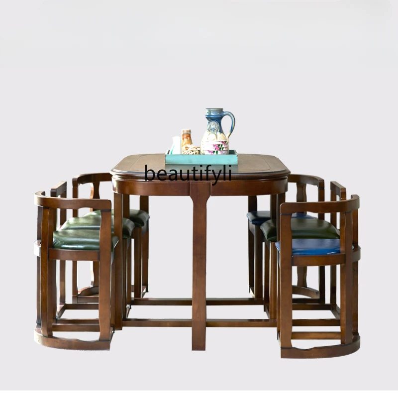 

American-Style Solid Wood Dining Table Combination Household Square Table Hidden Dining Table a Table with Six Chairs