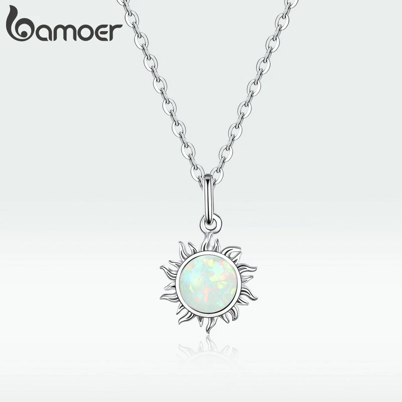 Silver Chain Necklace Natural Stone Necklace Bamoer 925 Sterling Silver White Opal Sun Pendant Necklace Apollo Chain Necklaces for Women Birthday Gift Jewelry