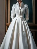 Elegant Women Shirt Dress Long Sleeve Stand Collar Minimalist A-Line Pleated Wedding Guest Long Maxi Dresses with Blet 5