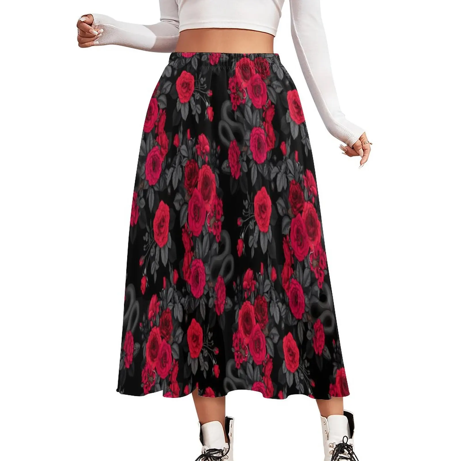 

Rose Floral Chiffon Skirt Red Flowers Korean Fashion Casual Skirts Female Vintage A-line Skirt Printed Clothes Birthday Present
