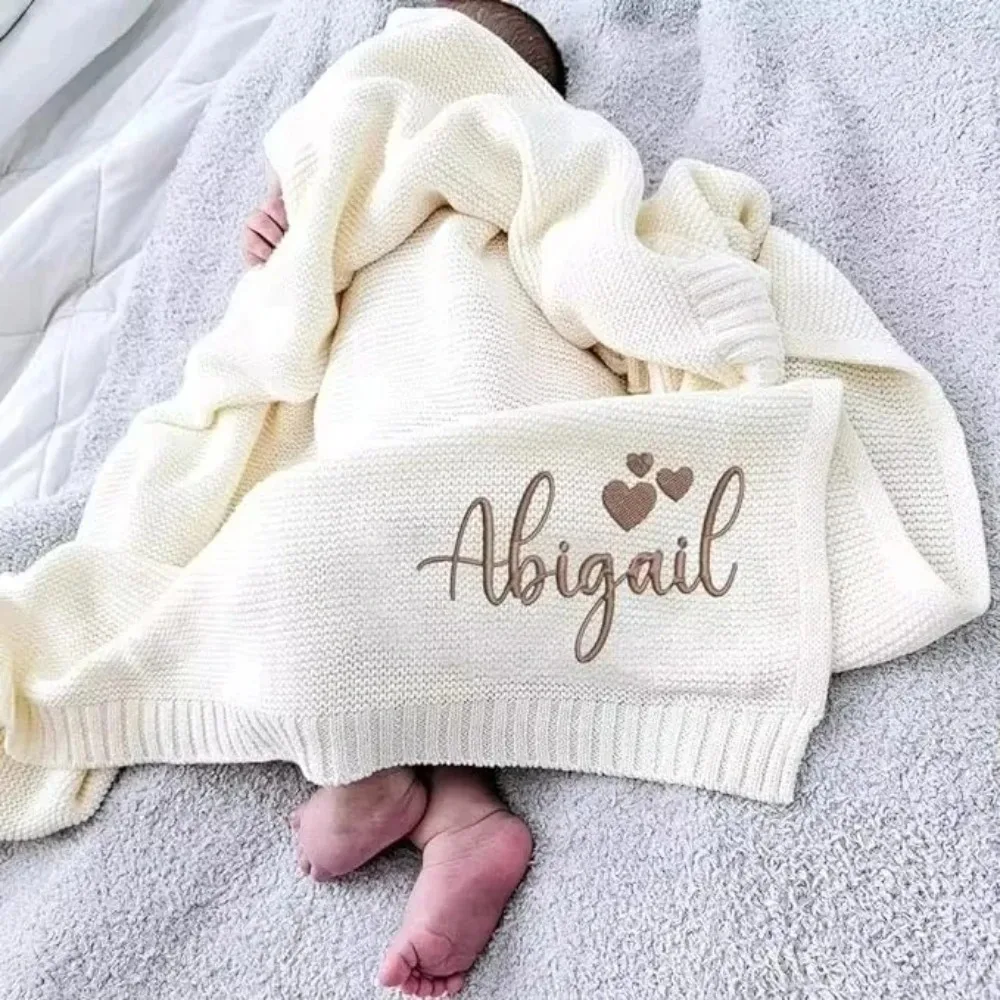 Customize Name Baby Blanket - Embroidered Design Great for New Borns Stroller Swaddles Comfort Breathable Cotton Knitted Blanket - 5