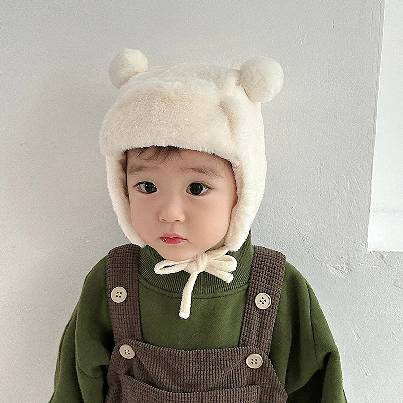 Cute Bear Baby Ear Protection Beanies Infant Plush Earflaps Cap Soft Furry Winter Warm Hat Kids Girl Boy Soild Bonnet Fit 8M-3Y