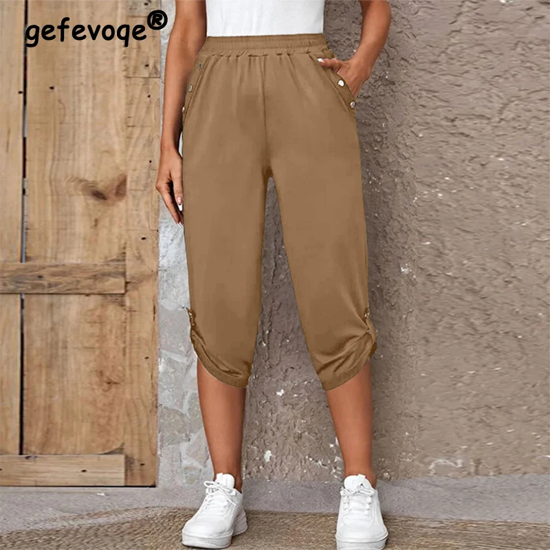 

Summer New Elastic High Waist Solid Color Pants Ladies Casual Fashion All-match Trousers Women Comfortable Sporty Loose Shorts