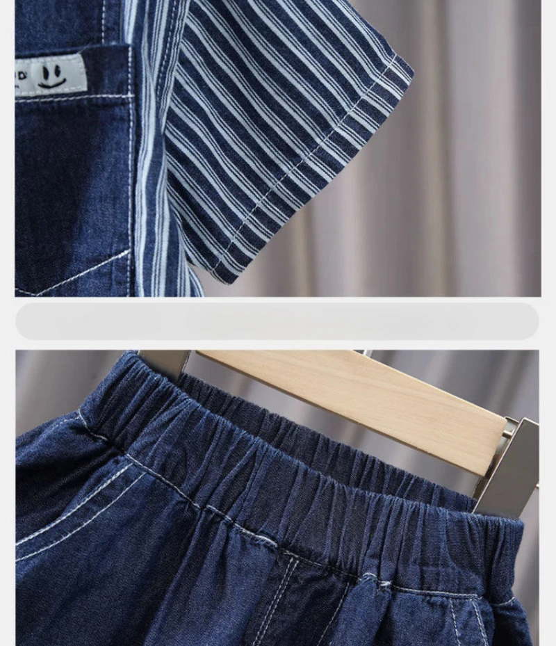 Summer Kids Boys Handsome Clothing Children Casual Denim Short Sleeve Shirt+ Shorts 2Pcs/Set Kids Striped Sportswear 2-10Y