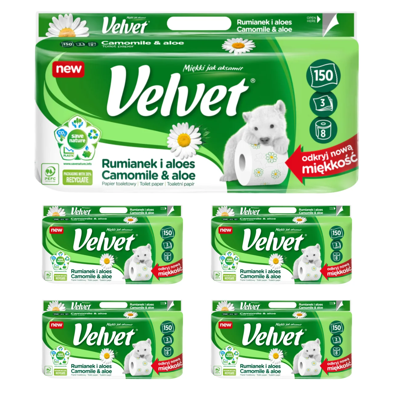 Velvet papier toaletowy 8 sztuk rumianek i aloes 3-warstwowy delikatny x 5 z Polski za $13.3 / ~49zł