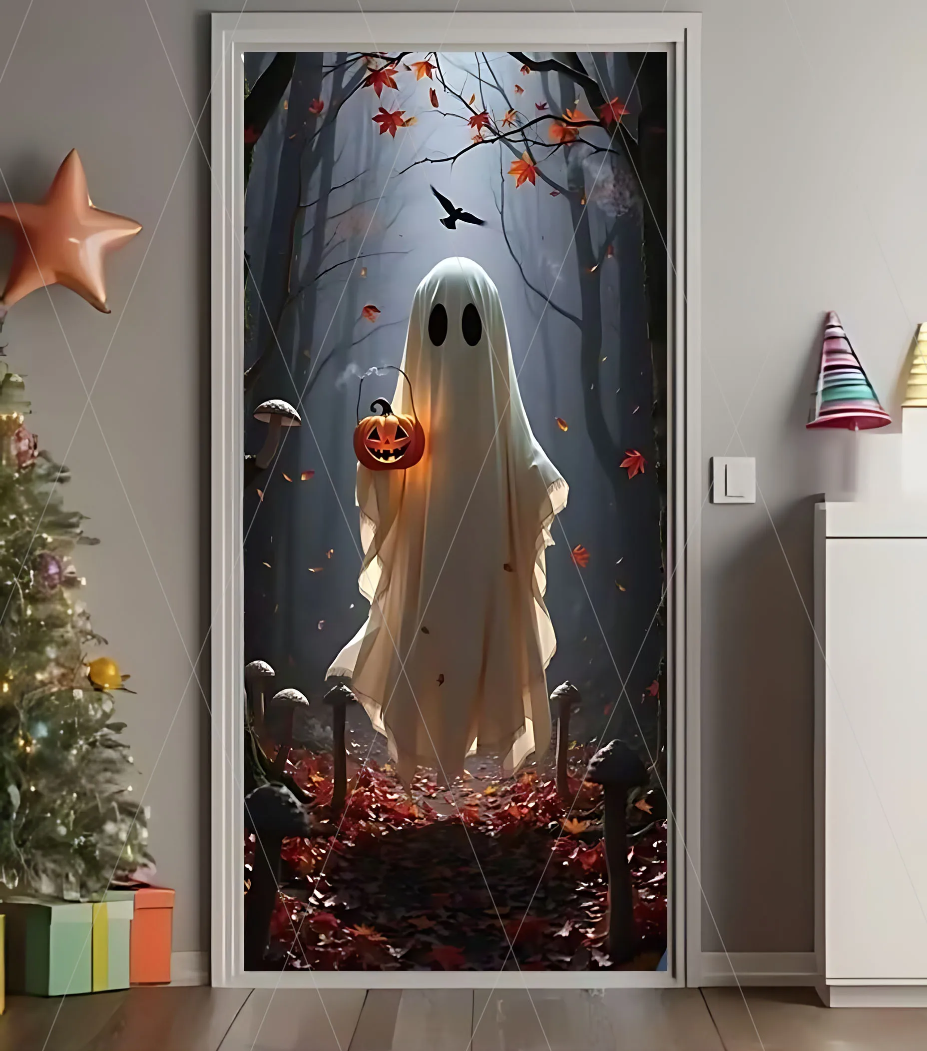 Albtraum Horror Halloween Tür Abdeckung Hintergrund Hexe Kürbis Laterne Party Tag der Toten Cartoon Dekoration Supplie Hintergrund – Detail 8