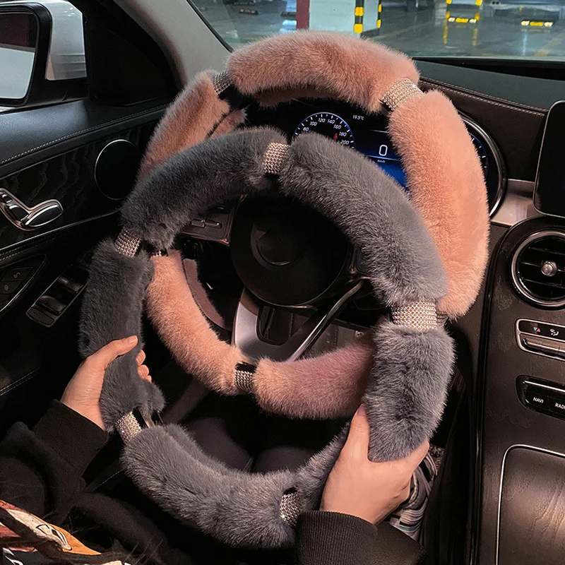 

Plush Bling Rhinestone Steering Wheel Cover with Imitation Mink Fur Fluffy Diamond Warm Car Accessories for Winter Women Girl