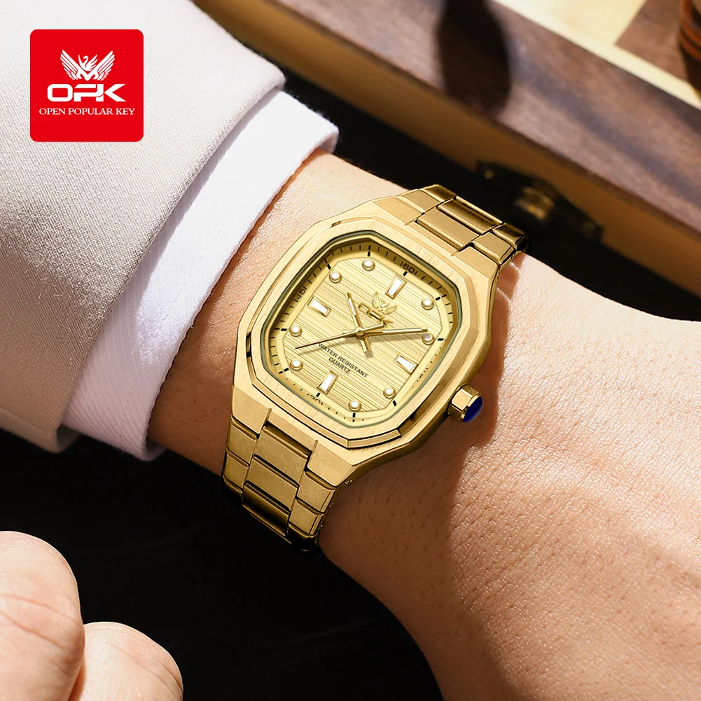 OPK 6044 Men's Wristwatch Gold Stainless steel Square Simple Waterproof Luminous Quartz Men Watch 3
